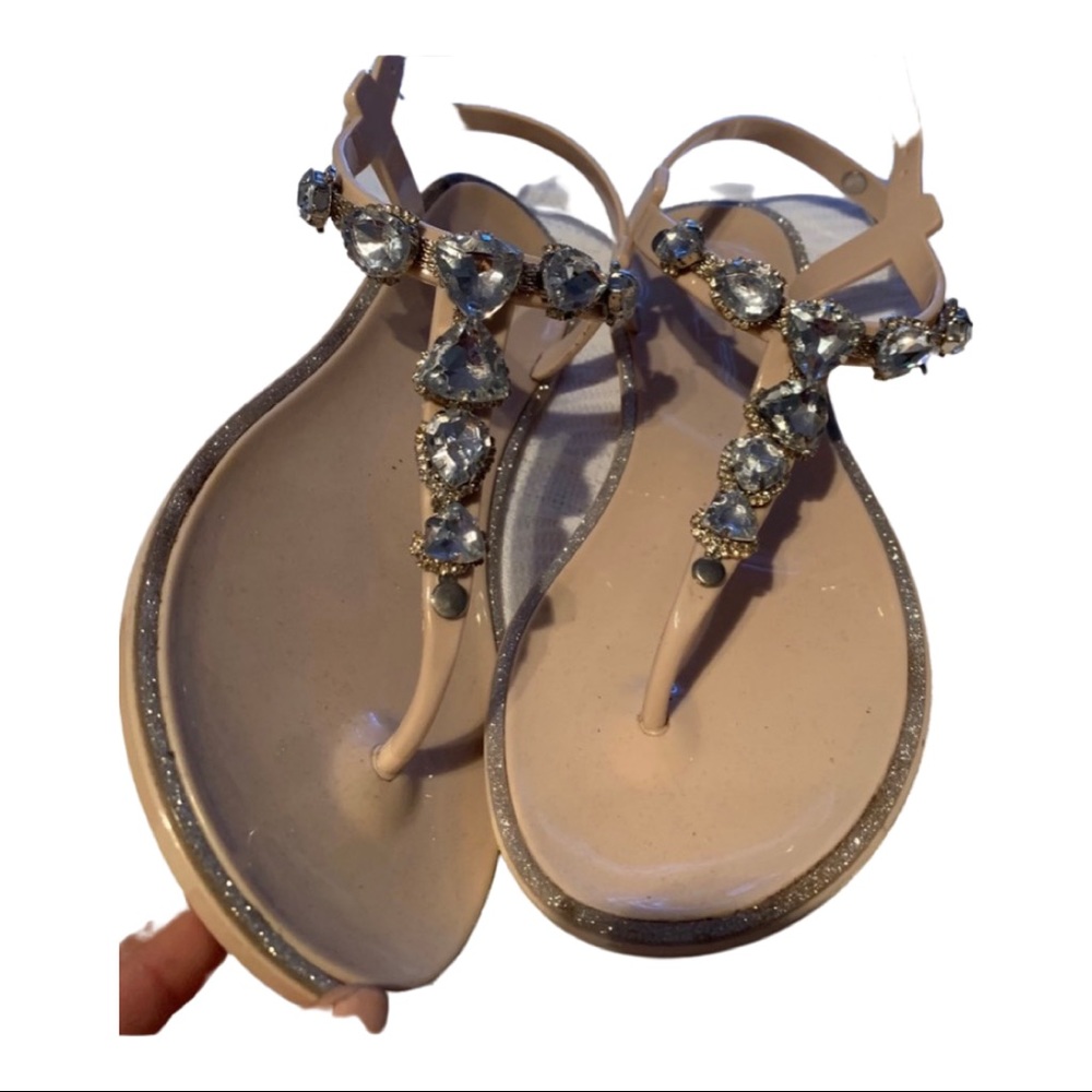 Nude Jeweled T-Strap Sandals with Sparkling Accents